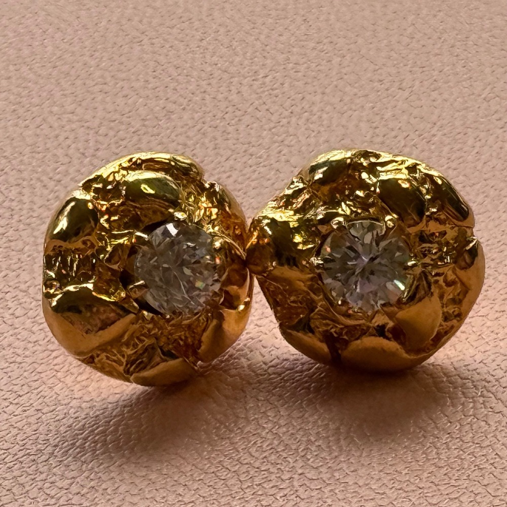Stud Earrings Women Gold Tone Brutalist Molten Textured Crystal Minimalist